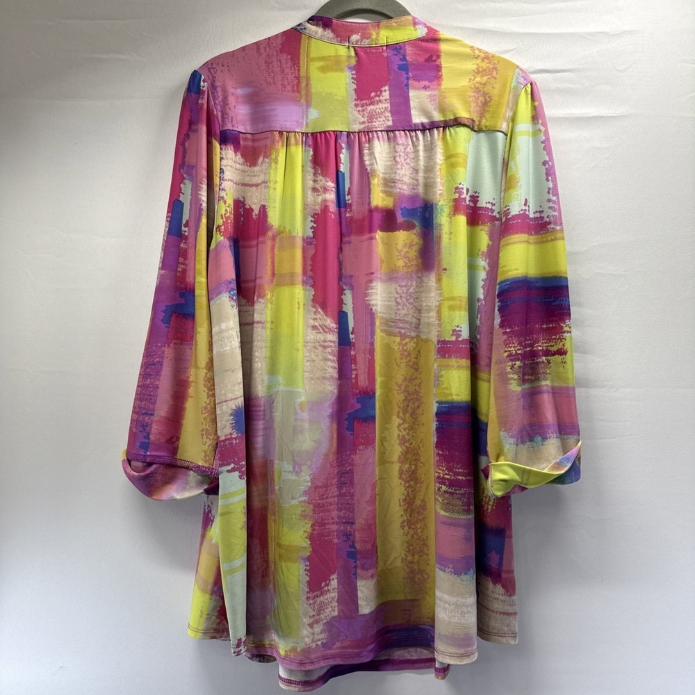 Cocomo Women's Top Blouse Size XL Pink Yellow Artsy 3/4 Sleeve Pullover Slinky - Picture 2 of 7